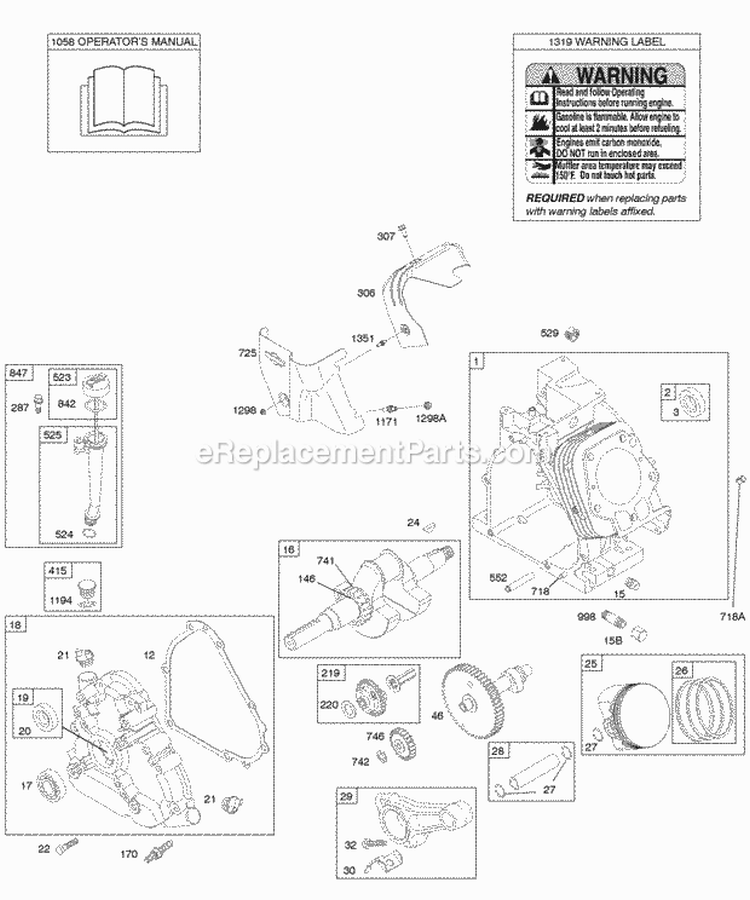 Camshaft Crankcase Cover Crankshaft Cylinder Lubrication OperatorS Manual PistonRingsConnecting Rod Warning Label Diagram and Parts List for 20B414-0698-E1  Briggs and Stratton Engine